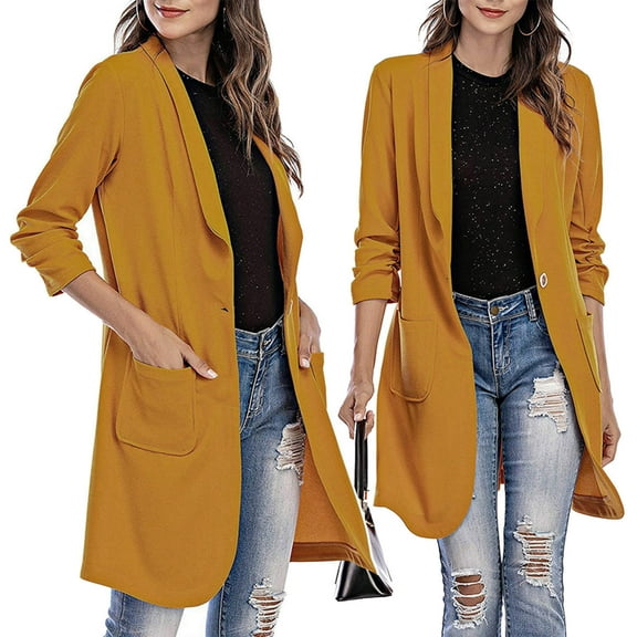 Baberdicy Women's 3/4 Sleeve Trench Coat, Long Slim Fit Blazer with Pocket And Lapel , 3/4-Sleeve Blazer Coat, Mid-Length Office Jacket, Casual Suit Yellow M