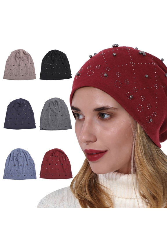 Women's Beaded & Rhinestone Double Layer Cotton Pullover Bonnet, Winter Warm Knitted Ski Hat, Fashionable Beanie for Maternity,Western style,Cobalt Fits All – Gift Ready