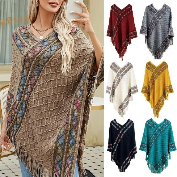 Baberdicy Women's Bohemian Poncho Cape, Tassel Shawl for Music Festival, Travel, Beach, Evening Cover-Up Red Universal Fit