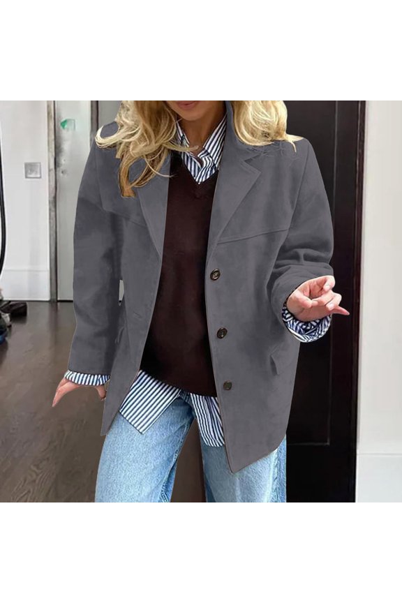 Women's Brown Suede Blazer, Oversized Long-Sleeve Jacket with Flap Pockets, Casual Street & Office Wear, Vintage Brown Blazer, Loose Pocket Coat, Retro Office Layer, Dark Gray, L