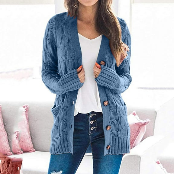 Baberdicy Women's Button Front Pocket Cardigan, Long Sleeve Knit Sweater Jacket , Button-Front Cardigan, Pocket Knit Sweater, Casual Lounge Coat Blue 3Xl
