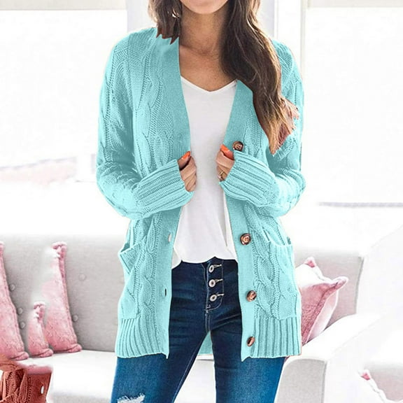 Baberdicy Women's Button Front Pocket Cardigan, Long Sleeve Knit Sweater Jacket , Button-Front Cardigan, Pocket Knit Sweater, Casual Lounge Coat Light Blue 3Xl