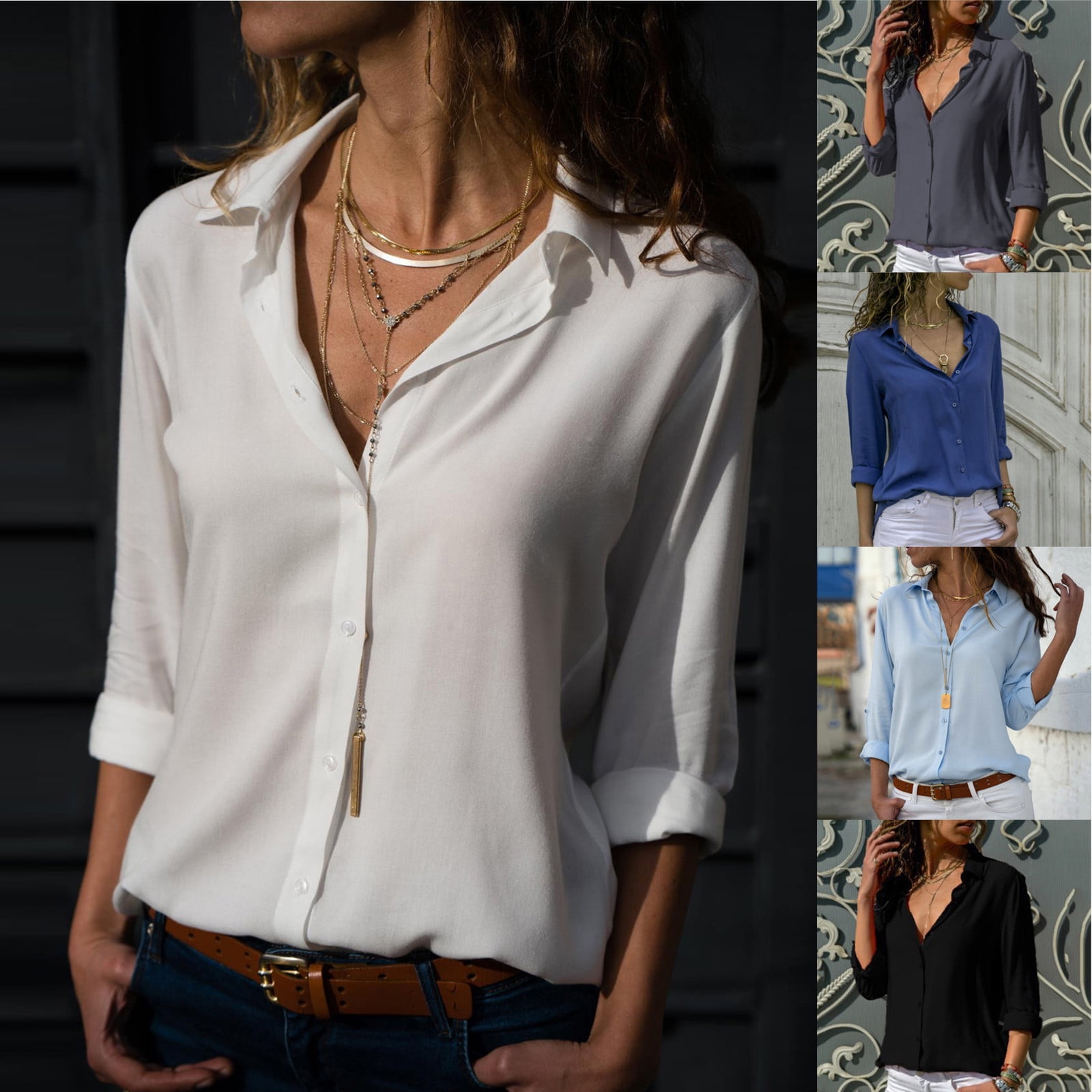 Baberdicy Women's Button down Shirts Long Sleeve Lapel Collar Solid ...