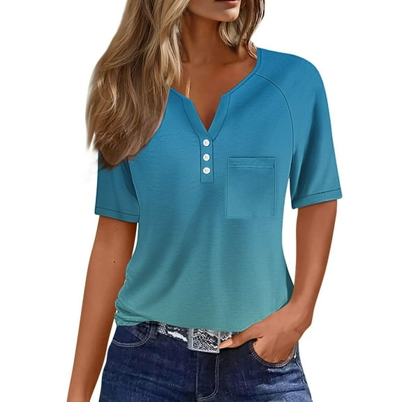 Baberdicy Women's Casual Button-Down - Short Sleeve V-Neck - Pocket Detail - Loose Fit Daily Top (Blue | S)