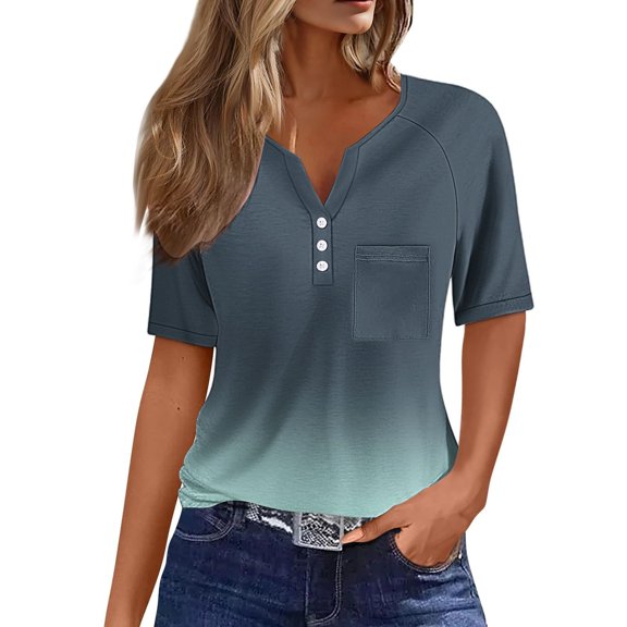Baberdicy Women's Casual Button-Down - Short Sleeve V-Neck - Pocket Detail - Loose Fit Daily Top (Green | XL)