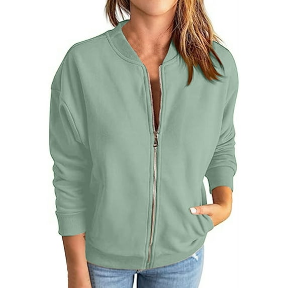 Baberdicy Women's Casual Solid Color Jacket, Loose Fit Long Sleeve Pullover Sweatshirt Top , Sporty Zip Jacket, Solid Loose Track Top, Casual Athletic Layer Green S