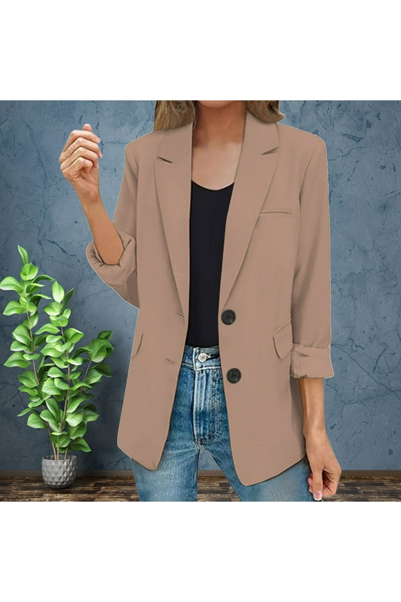 Women's Casual Suit Jacket, Lapel Long-Sleeve Blazer, Office Work & Job Interview , Tailored Office Blazer, Solid Business Jacket, Minimalist Work Coat Khaki Xl