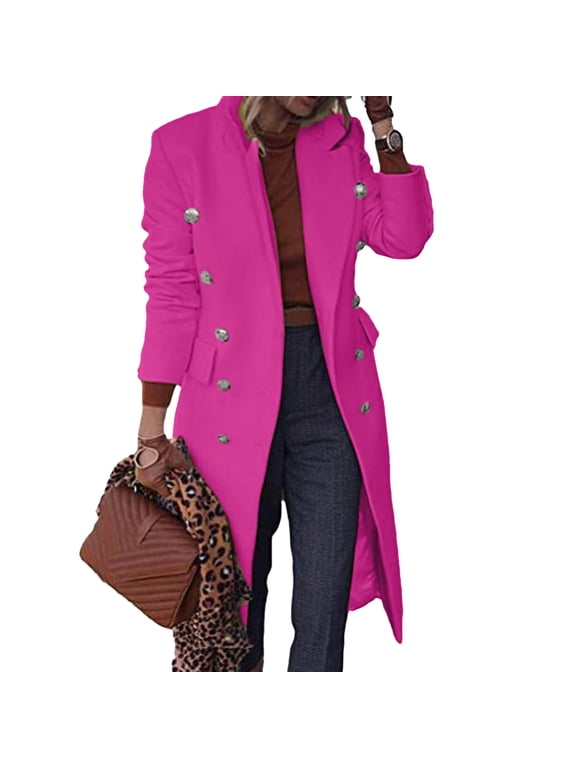Women's Coat Women's Faux Wool Thin Coat Jacket Trench Long Jacket Ladies Slim Long Elegant Soft Warm Outwear Casual Solid Coat Womens Winter Coats Hot Pink