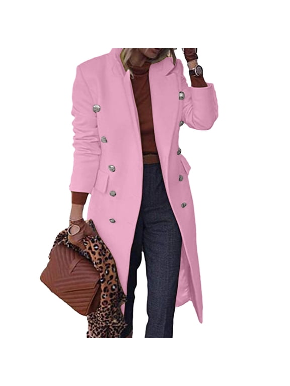 Women's Coat Women's Faux Wool Thin Coat Jacket Trench Long Jacket Ladies Slim Long Elegant Soft Warm Outwear Casual Solid Coat Womens Winter Coats Pink