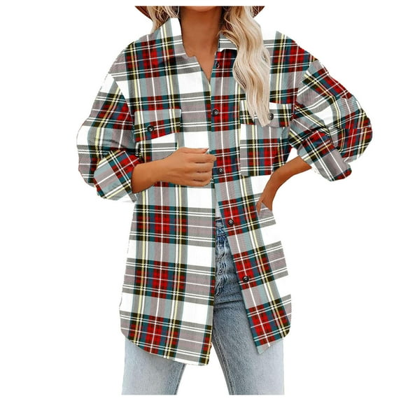 Baberdicy Women's Coat Women's Plaid Shirts Long Sleeve Flannel Lapel Button Down Pocketed Shacket Jacket Coats Womens Winter Coats Red