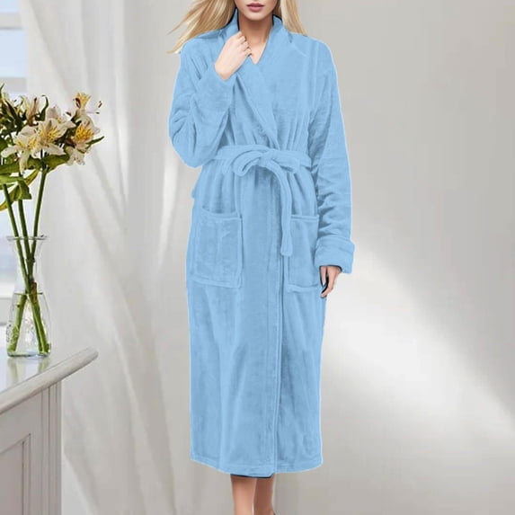 Baberdicy Women's Coral Fleece Hooded Bathrobe, Winter Thick Flannel Long Sleeve Pajama Dress with Pocket , Plush Fleece Bathrobe, Hooded Lounge Robe, Cozy Home Wear Blue Xl