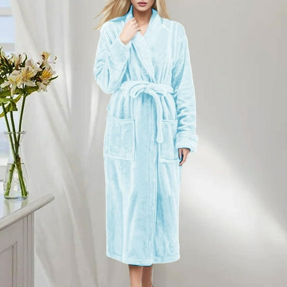Baberdicy Women's Coral Fleece Hooded Bathrobe, Winter Thick Flannel Long Sleeve Pajama Dress with Pocket , Plush Fleece Bathrobe, Hooded Lounge Robe, Cozy Home Wear Sky Blue M