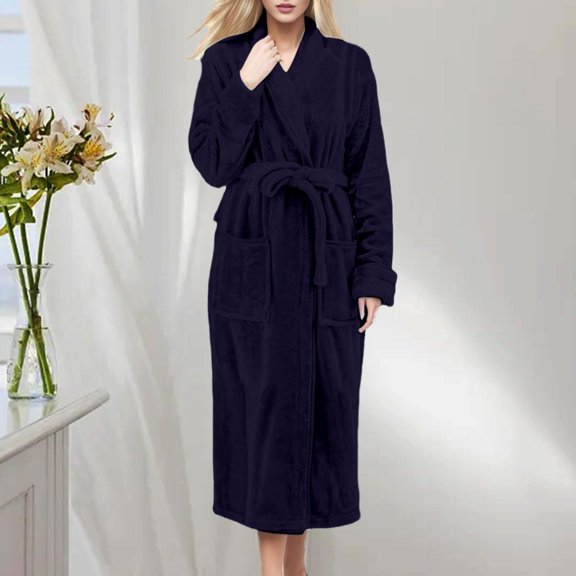 Baberdicy Women's Coral Fleece Hooded Bathrobe, Winter Thick Flannel Long Sleeve Pajama Dress with Pocket , Plush Fleece Bathrobe, Hooded Lounge Robe, Cozy Home Wear Navy M
