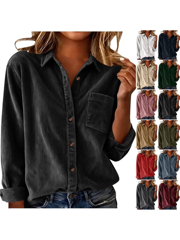 Women's Corduroy Shirts Long Sleeve Button down Collared with Pockets Oversized Casual Blouses Shackets, Blackish Green Xl