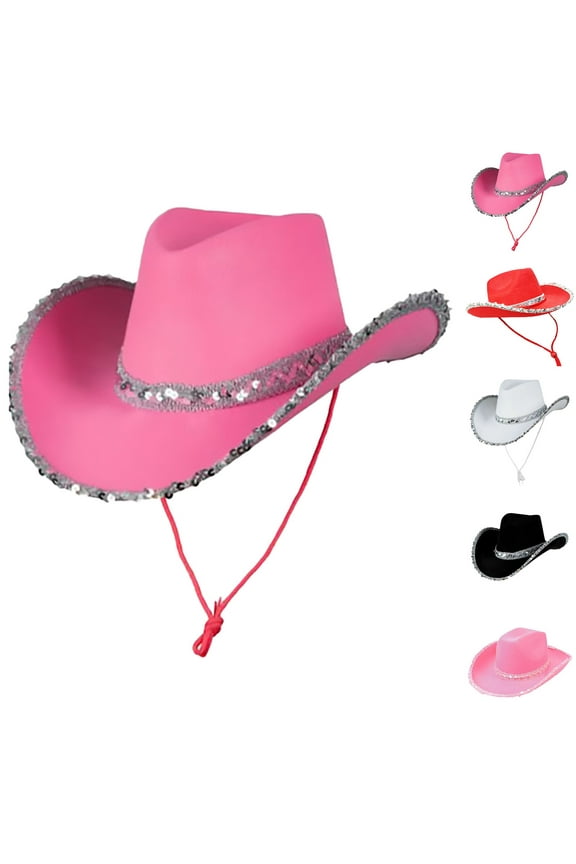 Women's Costume Cowboy Hat, Silver Trim Western Hat for Masquerade Party, Festival Accessory Pink Universal Fit