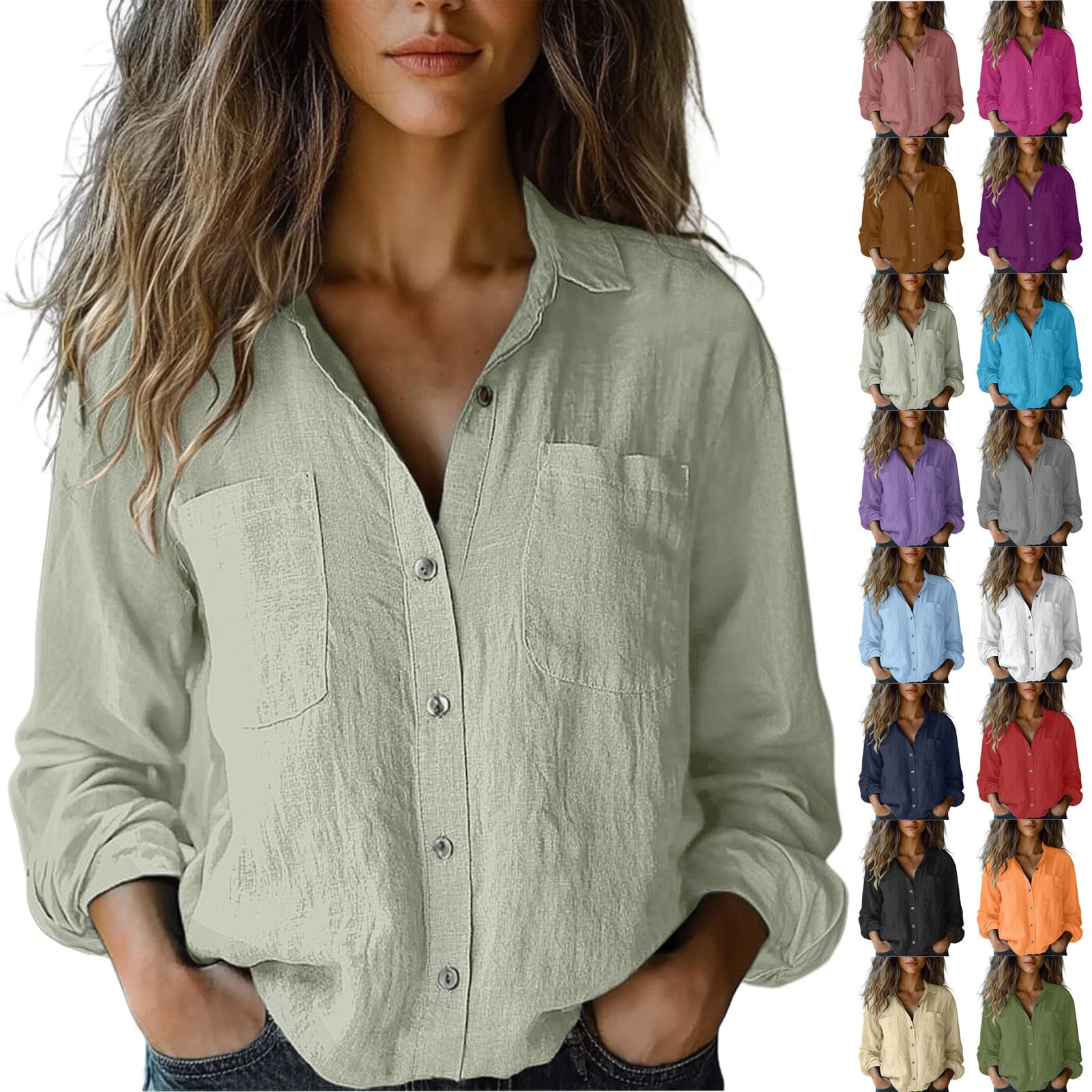 Baberdicy Women's Cotton Linen Button down Shirts Long Sleeve Solid ...