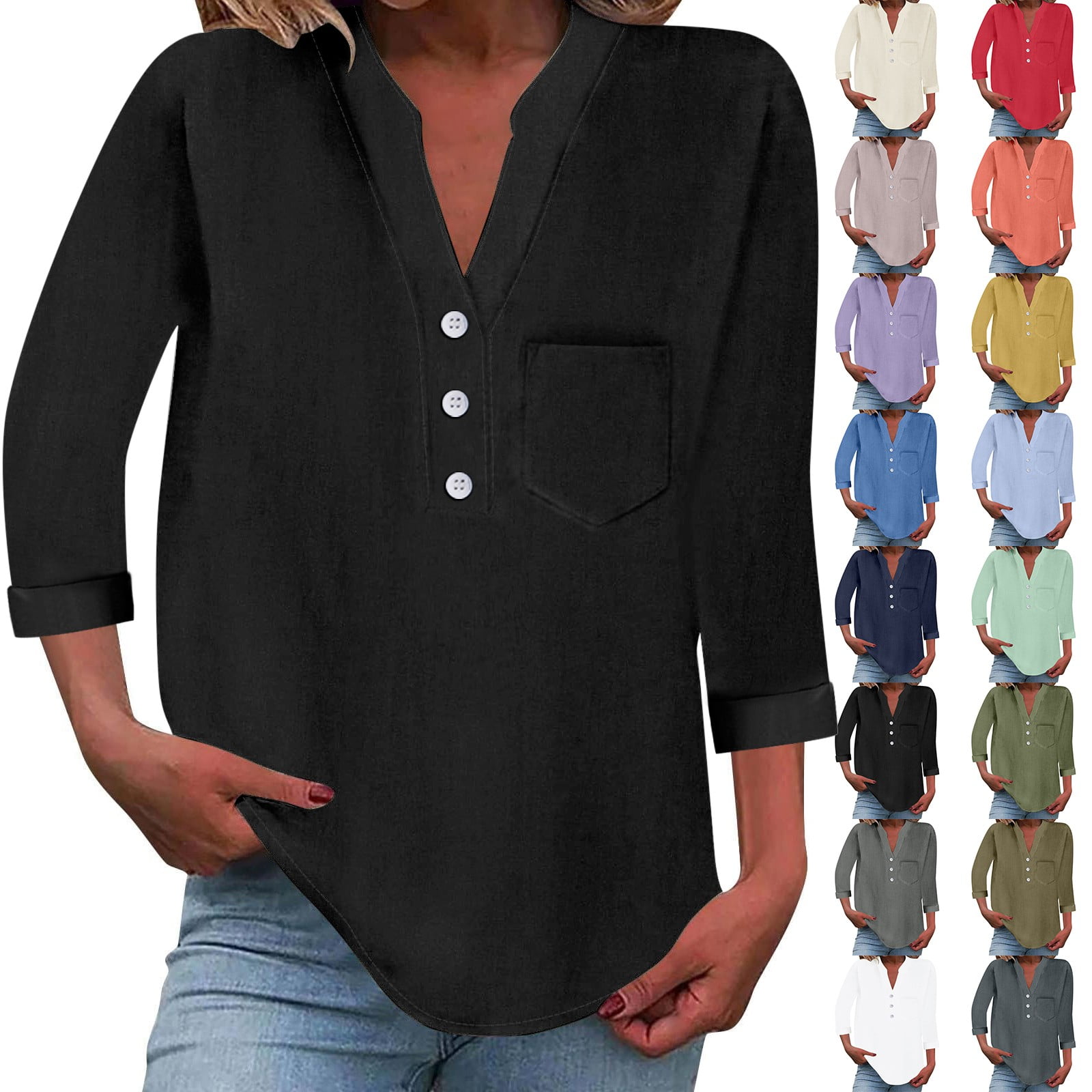 Baberdicy Women's Cotton Linen Button down Shirts Stand Collar Solid ...