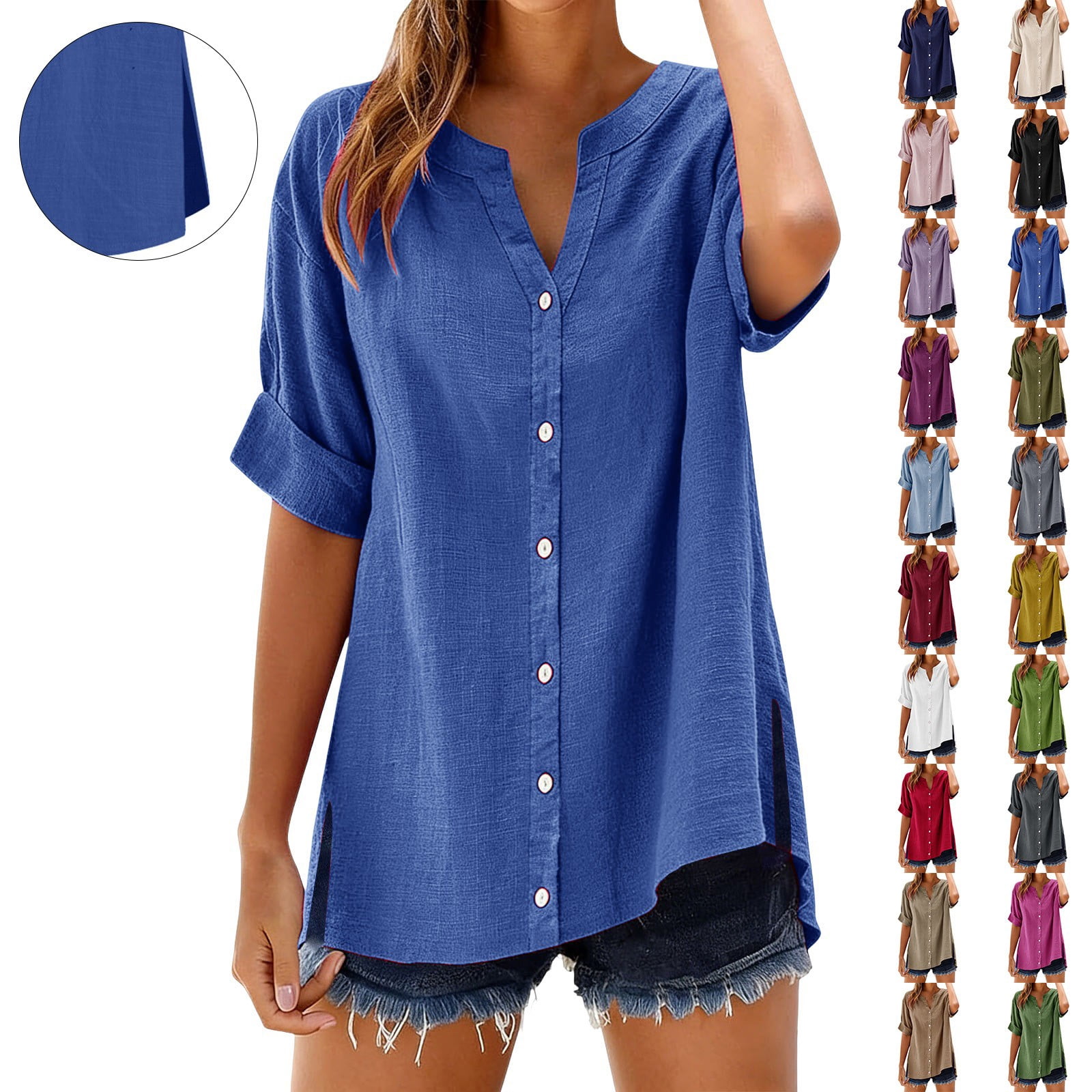 Baberdicy Women's Cotton Linen Shirts Stand Collar Button down Solid ...