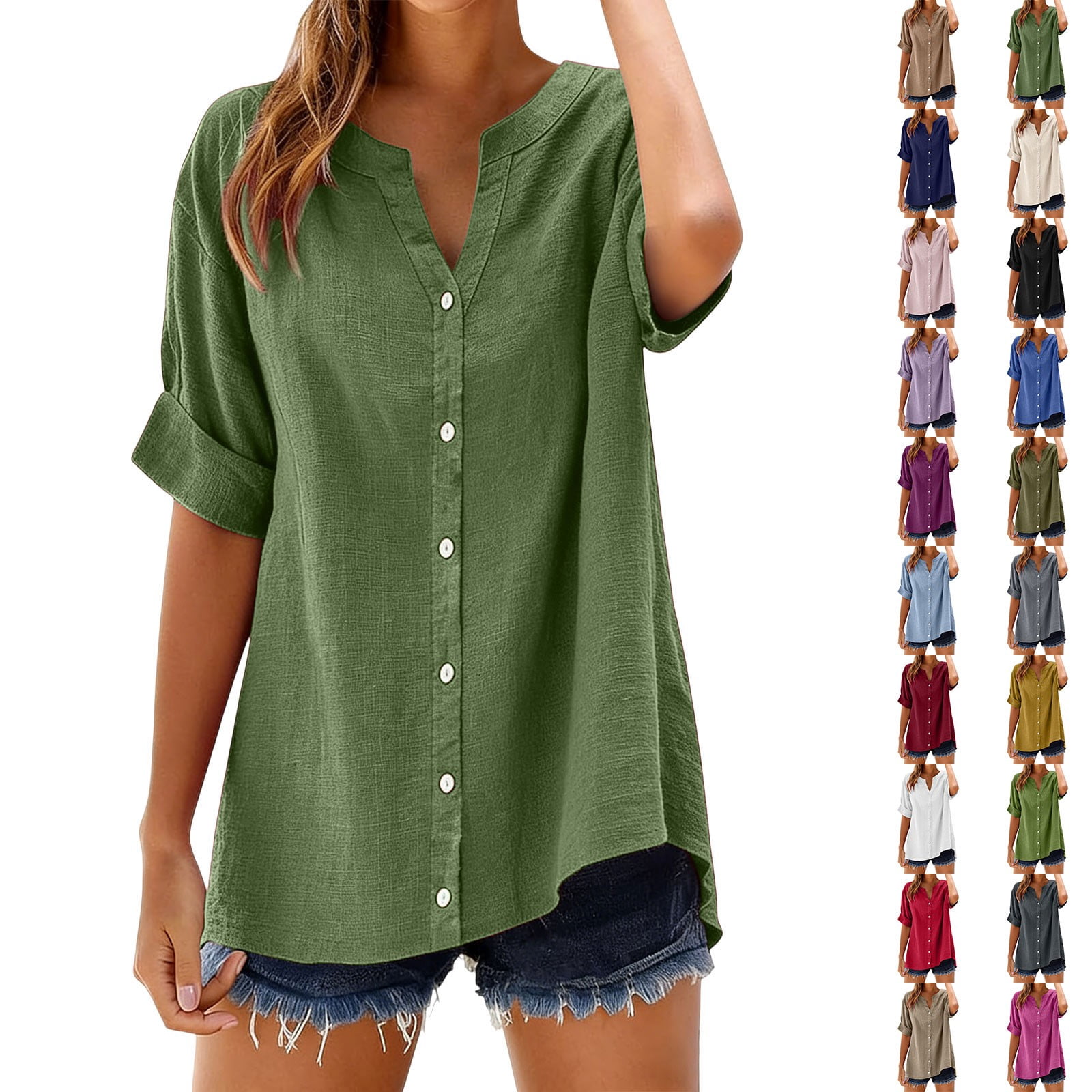 Baberdicy Women's Cotton Linen Shirts Stand Collar Button down Solid ...