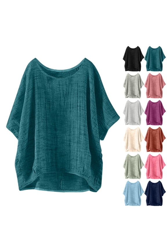 Women's Cotton Linen Short Sleeve Shirts Casual Loose Fit Blouses Solid Turn down Collar Button down Summer Tops, Blue Xl