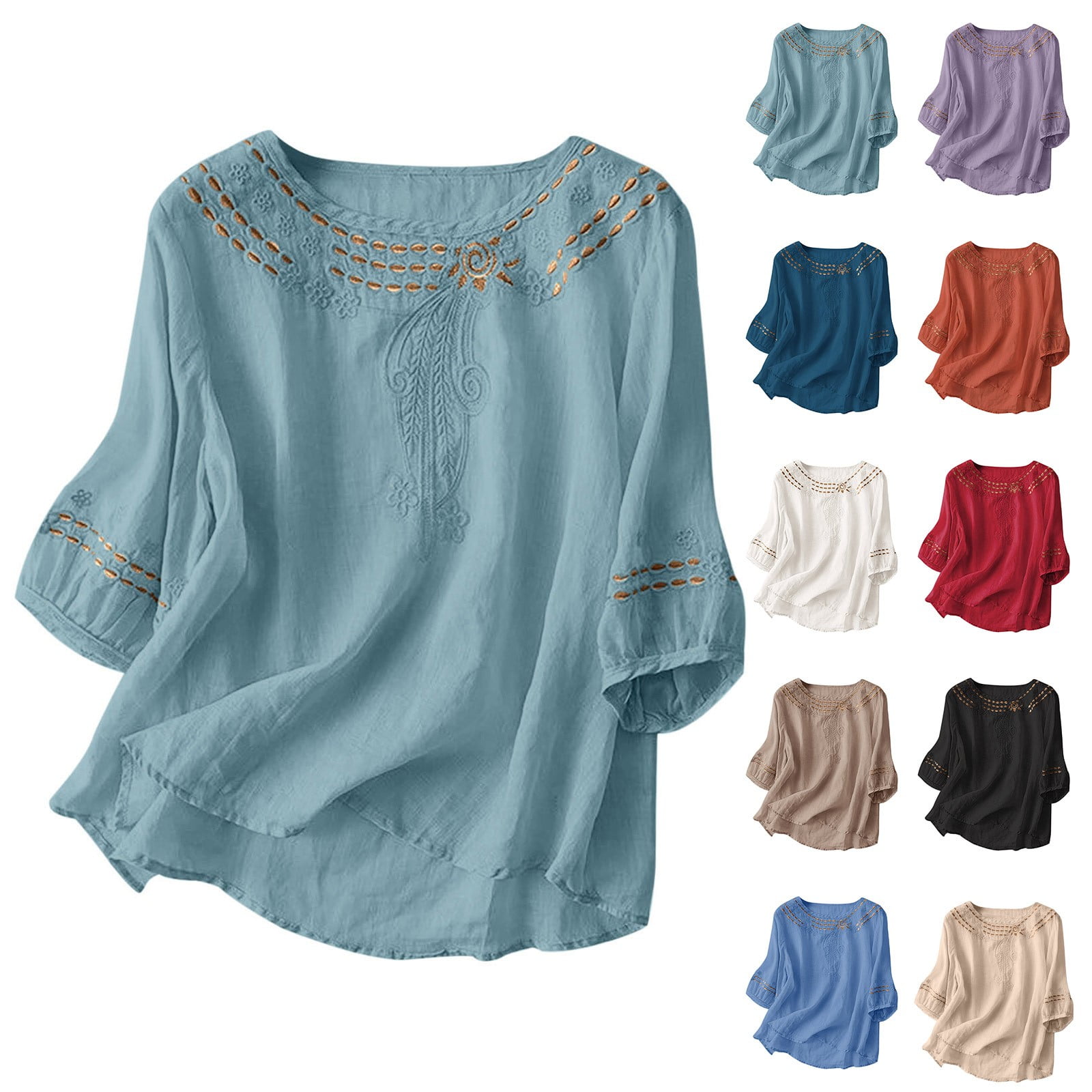 Baberdicy Women's Cotton Linen Tops Button down Solid Color Short ...