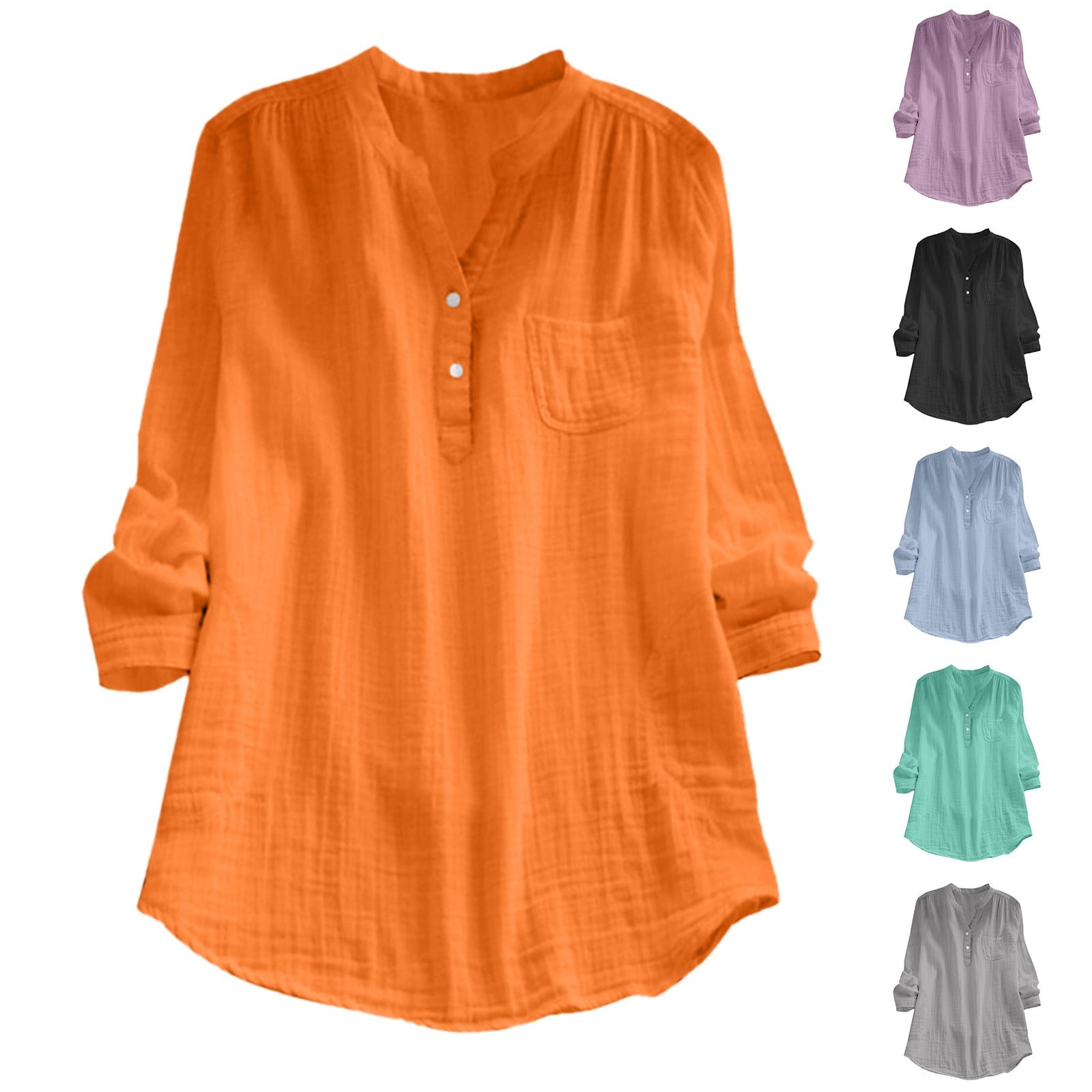 Baberdicy Women's Cotton Shirts V Neck Long Sleeve Solid Color Loose ...