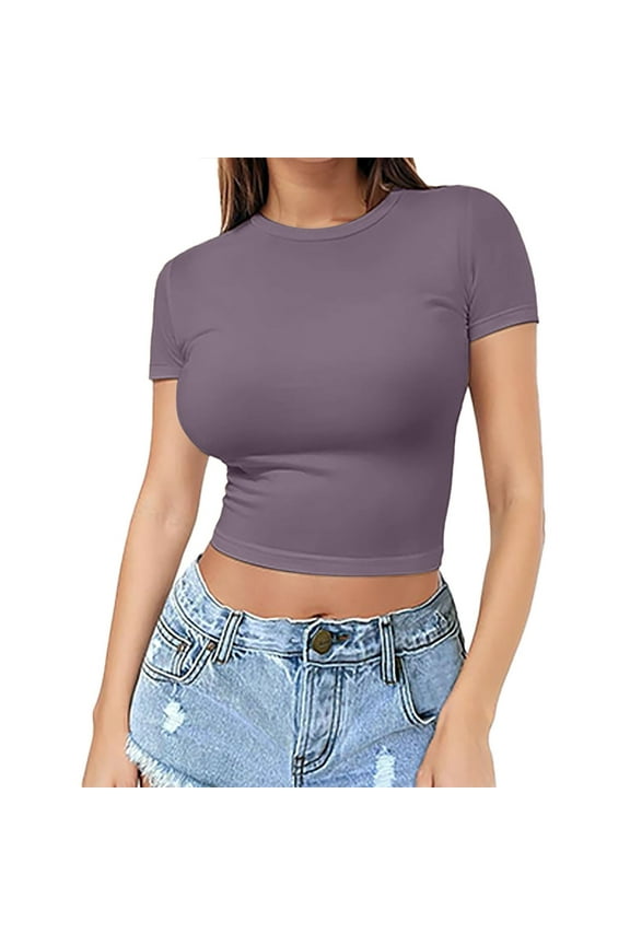 Women's Crop Top T-Shirt - Summer Thin Round Neck Short Sleeve Pullover, Fashion Tight Fit Belly Shirt for Girls (A | M)