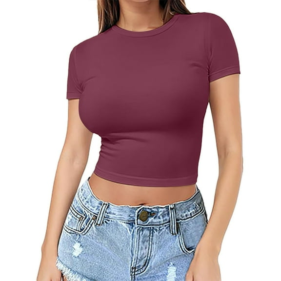 Baberdicy Women's Crop Top T-Shirt - Summer Thin Round Neck Short Sleeve Pullover, Fashion Tight Fit Belly Shirt for Girls (E | XS)