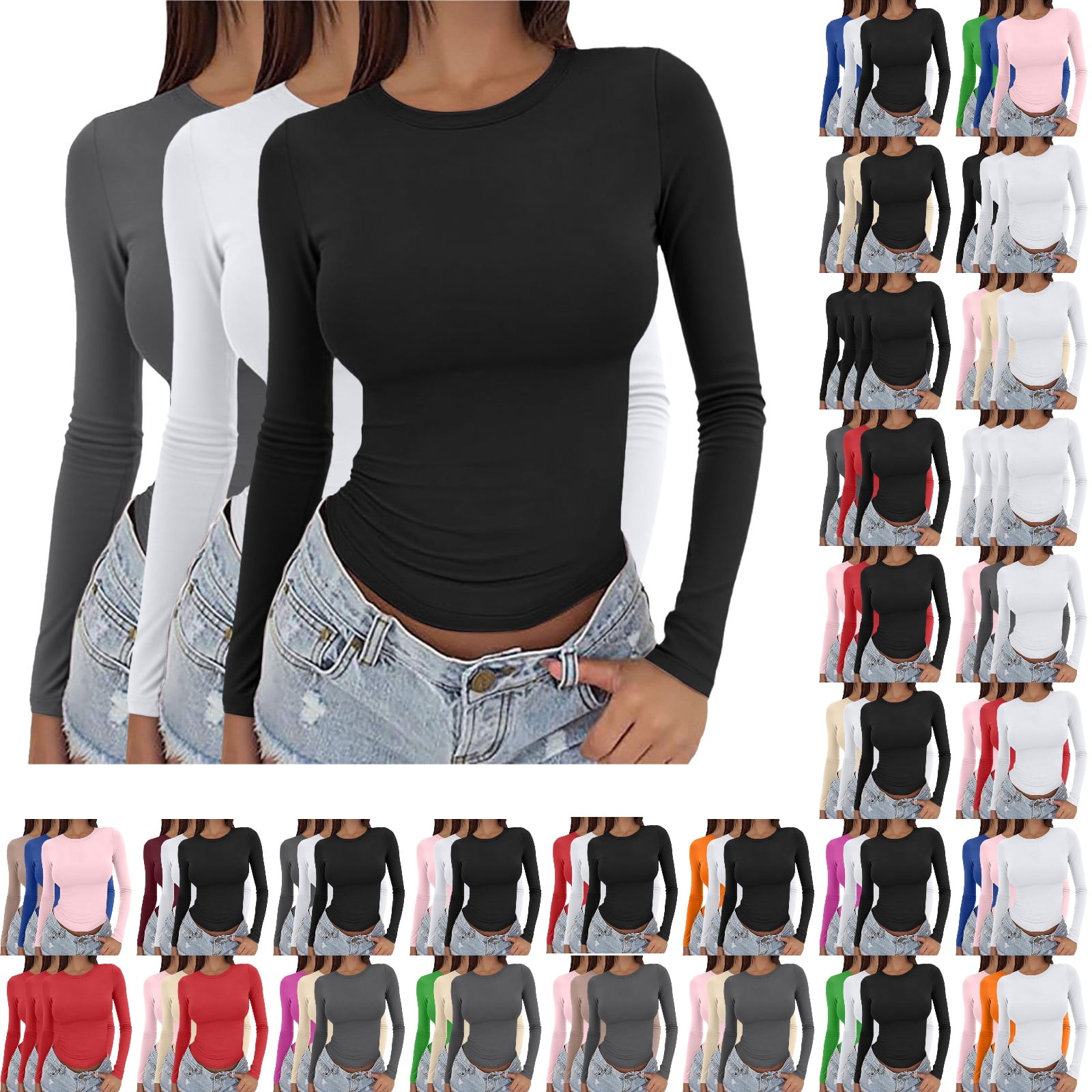 Baberdicy Women's Crop Tops 3 Pack Long Sleeve Slim Fit Solid Color ...