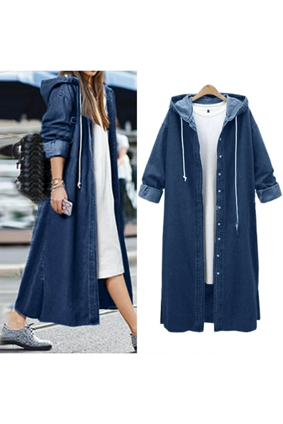 Women's Denim Duster Coat, Hooded Single Breasted Long Trench Style Jacket , Denim Hooded Trench, Long Shirt-Coat, Casual Fall Jacket Dark Blue Xxl