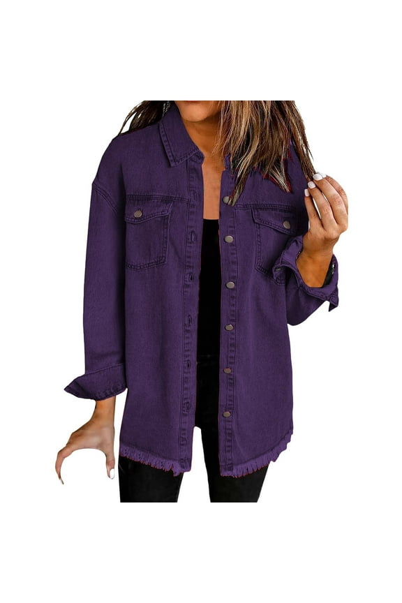 Women's Distressed Denim Shirt Jacket – Washed Oversized Casual Outerwear, Frayed Hem Open Front Coat, Trendy Street Style Layering Piece (Purple | S)