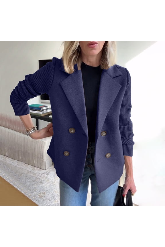 Women's Double-Breasted Knit Coat, Patch-Sleeve Cardigan, Art Show & Casual Friday , Double-Breasted Knit Coat, Patch-Sleeve Cardigan, Casual Layer Blue Xxl