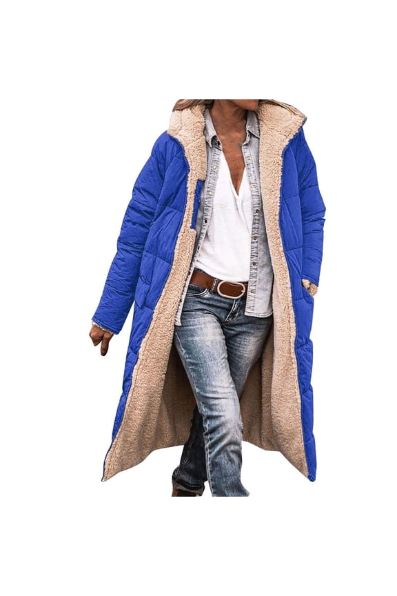 Women's Double Faced down Jacket, Fashionable Warm Winter Long Sleeve Hooded Coat , Reversible Hooded down Coat, Winter Warmth Puffer, Two-Tone Layer Blue Xxl