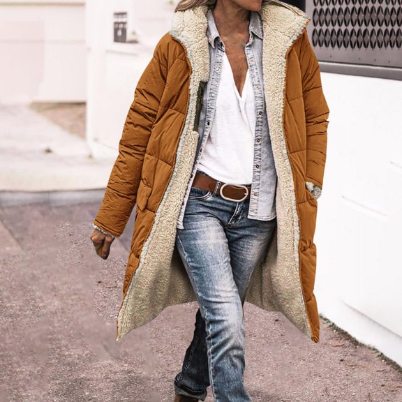 Baberdicy Women's Double Faced down Jacket, Fashionable Warm Winter Long Sleeve Hooded Coat , Reversible Hooded down Coat, Winter Warmth Puffer, Two-Tone Layer Brown L