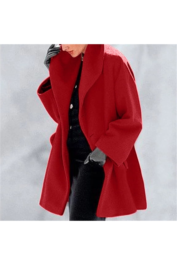 Women's Double-Faced Wool Hooded Coat, Long Sleeve Tweed Overcoat , Double-Face Wool Hooded Coat, Toggle Jacket, Winter Warmth Red Xl
