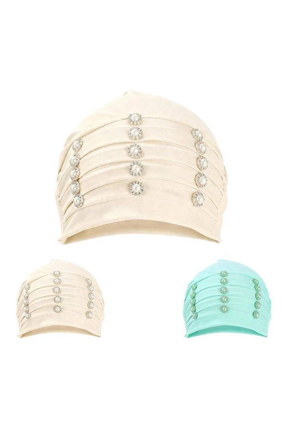 Women's Embroidered Hijab Cap, Beaded Muslim Prayer Under Scarf, Stretchy Liner Beige Universal Fit