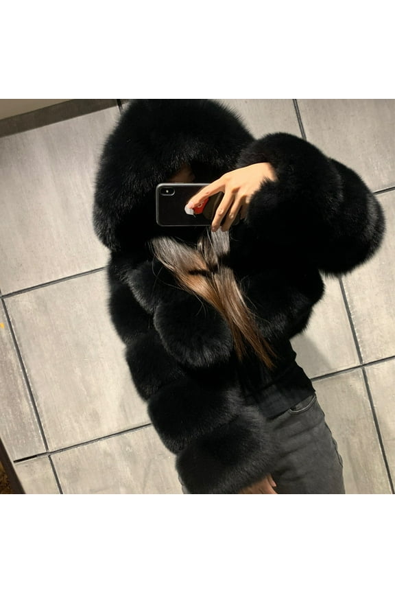 Women's Faux Fur Splicing Jacket, Long Sleeve Short Plush Faux Fox Leather Outerwear for Winter Warm, Faux-Fur Trim Jacket, Plush Winter Coat, Fuzzy Teddy Outerwear, Black, Xxl