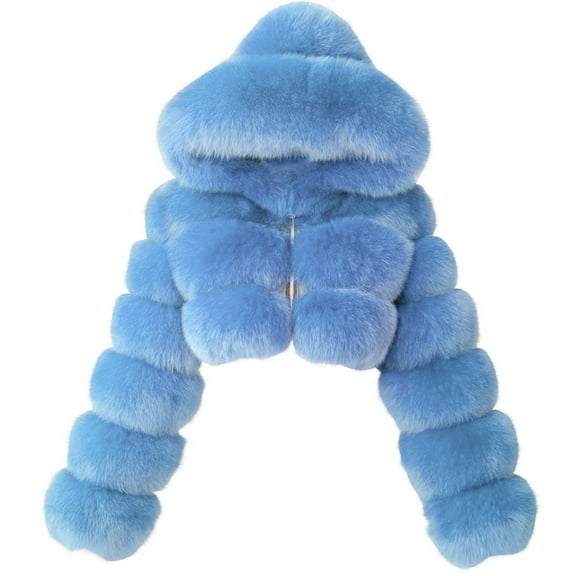 Baberdicy Women's Faux Fur Splicing Jacket, Long Sleeve Short Plush Faux Fox Leather Outerwear for Winter Warm, Faux-Fur Trim Jacket, Plush Winter Coat, Fuzzy Teddy Outerwear, Sky Blue, S