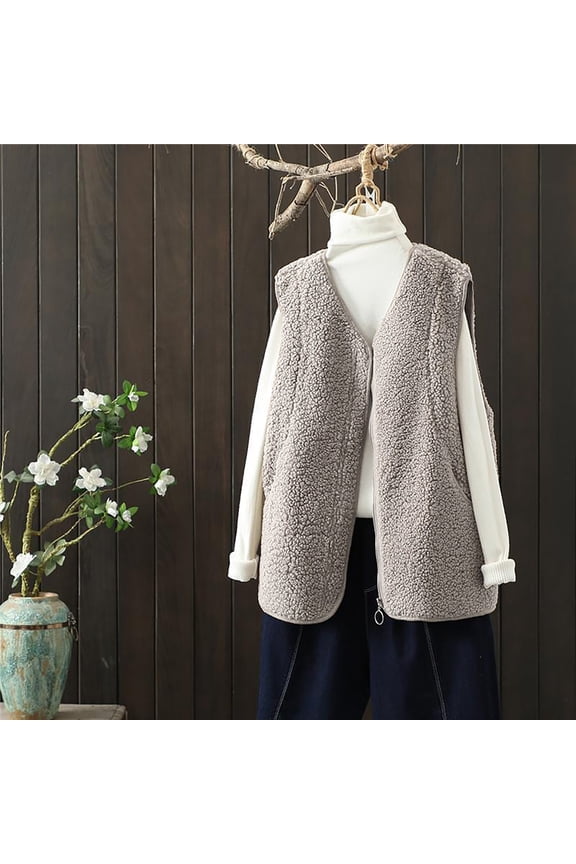 Women's Faux Lamb Fur Vest, 2024 Spring Autumn Korean Style Sleeveless Jacket for Fashion , Faux-Shearling Gilet, Korean-Style Fleece Vest, Fall Fashion Layer Khaki M