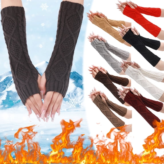 Baberdicy Women's Fingerless Arm Warmers, Knit Diamond Pattern Gloves,Charcoal Fits All – Gift Ready