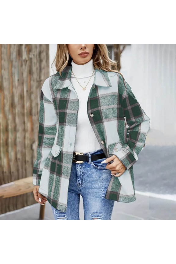 Women's Flannel Shacket, Thickened Plaid Long Sleeve Shirt Jacket for Casual Style , Plaid Flannel Shacket, Fleece-Lined Fall Shirt, Casual Outdoorshirt Green Xxl