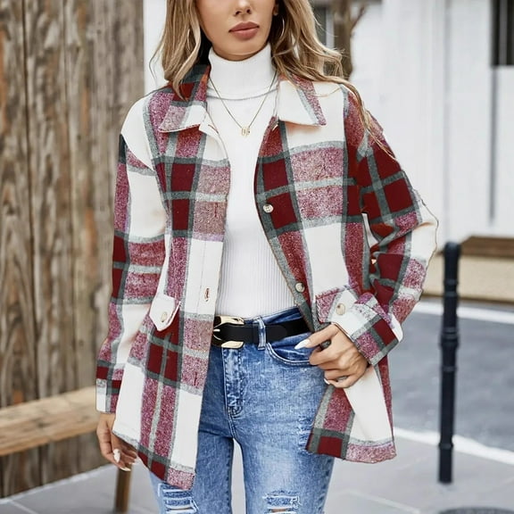 Baberdicy Women's Flannel Shacket, Thickened Plaid Long Sleeve Shirt Jacket for Casual Style , Plaid Flannel Shacket, Fleece-Lined Fall Shirt, Casual Outdoorshirt Red L