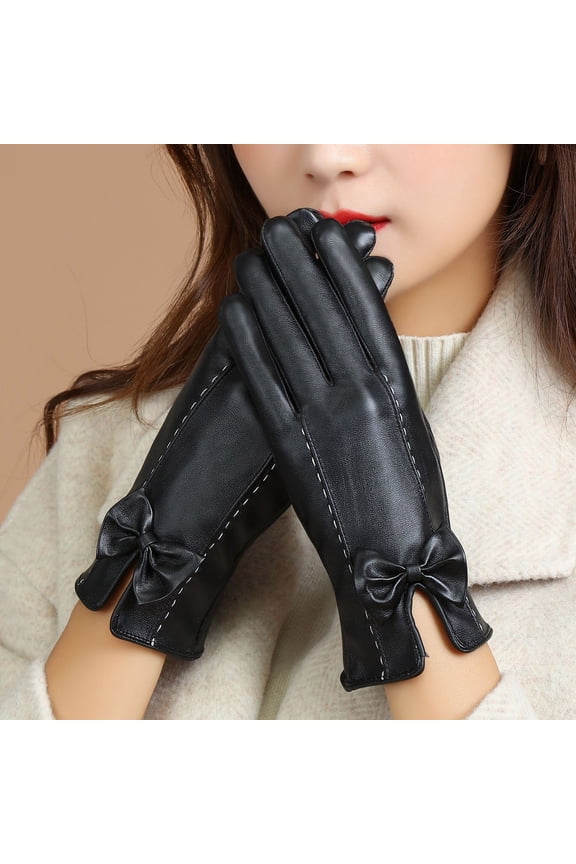 Women's Gloves Women's Winter Bow-Knot Touchscreen Pu Gloves – Plush-Lined Faux-Leather Mittens for Cold Commutes, Texting & Driving | Soft Thermal Insulation | Gift-Ready, A One Size