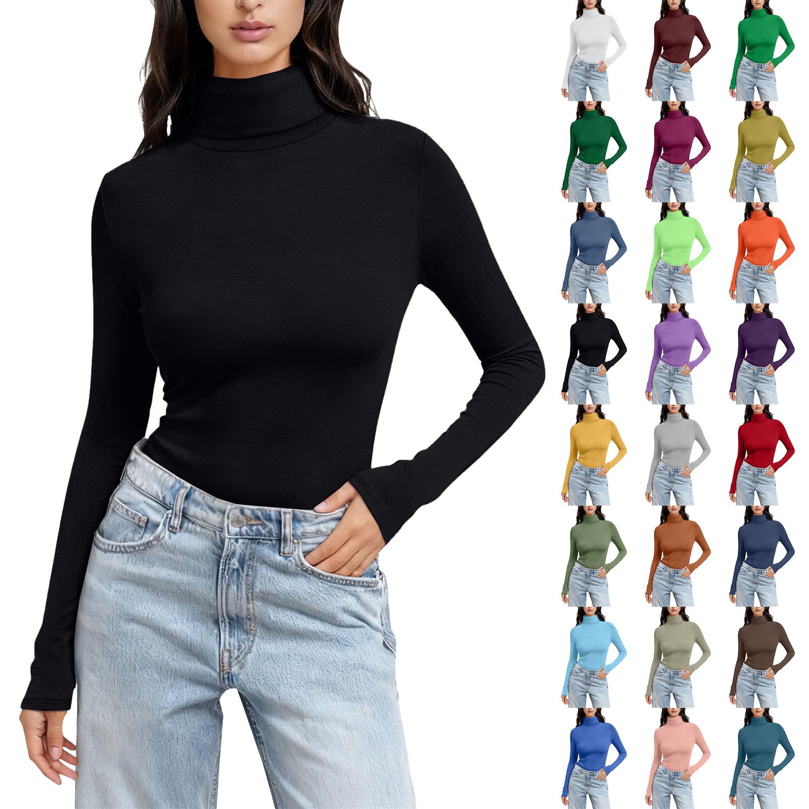 Baberdicy Women's High Neck T Shirts Long Sleeve Solid Color Crewneck ...