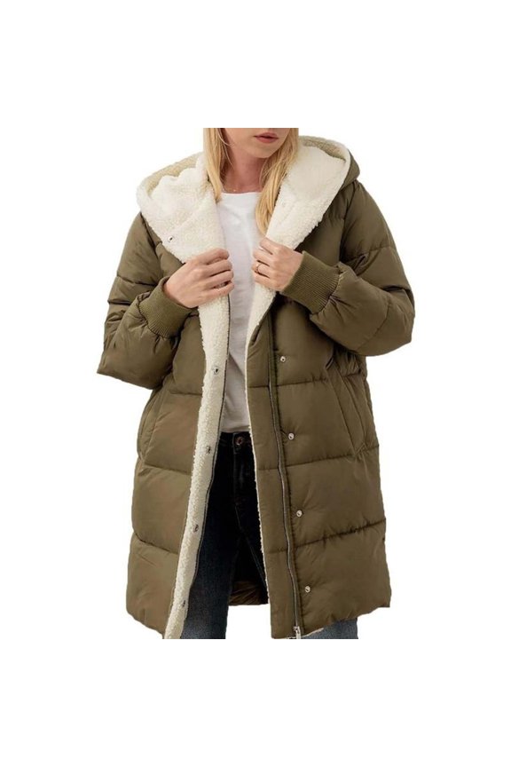 Women's Hooded Cotton Coat, Double-Face Fleece Jacket, Winter Market & School Run , Hooded Cotton Coat, Double-Face Fleece Jacket, Slim Winter Layer Army Green L