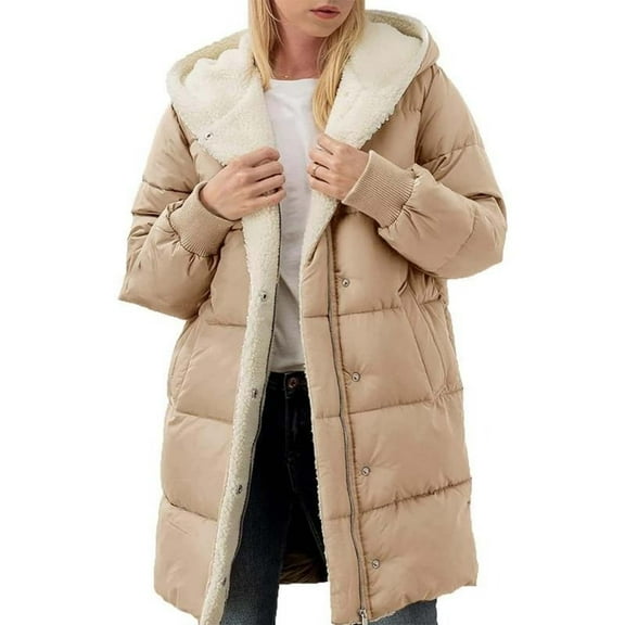 Baberdicy Women's Hooded Cotton Coat, Double-Face Fleece Jacket, Winter Market & School Run , Hooded Cotton Coat, Double-Face Fleece Jacket, Slim Winter Layer Khaki M