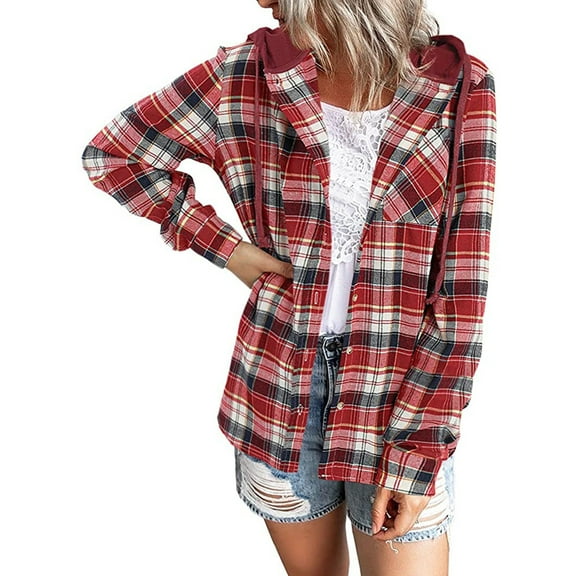 Baberdicy Women's Hooded Plaid Shirt, Turn-Down Collar Long Sleeve Loose Sweater Blouse Top , Oversized Plaid Shirt, Hooded Flannel Coat, Fall Layer Wine M