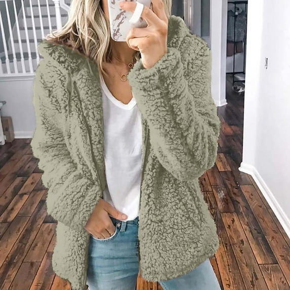 Baberdicy Women's Hooded Plush Coat, Thick Fleece Winter Jacket, Snow Days & Outdoor Market , Thick Plush Hooded Coat, Winter Fuzzy Jacket, Warmth Layer Grey Xl