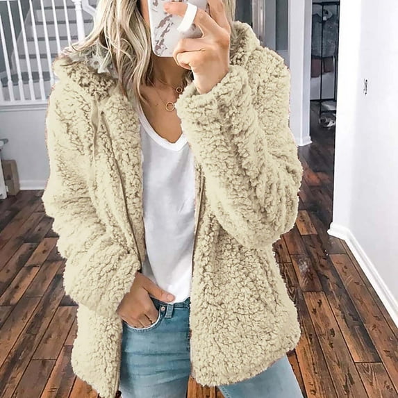 Baberdicy Women's Hooded Plush Coat, Thick Fleece Winter Jacket, Snow Days & Outdoor Market , Thick Plush Hooded Coat, Winter Fuzzy Jacket, Warmth Layer Khaki S