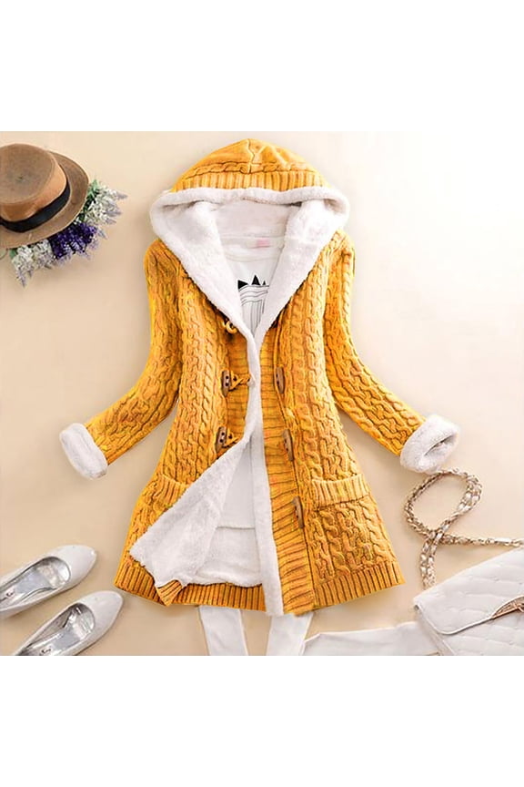 Women's Hooded Toggle Button Cardigan, Long Sleeve Thick Knit Warm Sweater Coat , Horn-Button Hooded Cardigan, Single-Breath Coat, Nordic-Style Jacket Yellow Xxl